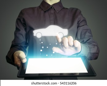 Image Of A Girl With Tablet In Her Hands. She Looking For A Car For Buying Or For Rent, Using Online Searching Service. 