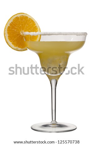 Image of glass of orange margarita against white background
