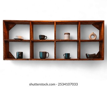 Image of a glassware jewelry shelf, porcelain cups, collectibles, attached to a simple and beautiful looking wall on a separate white background. - Powered by Shutterstock