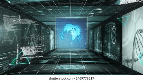 Image of glitch effect over neon triangular shapes against screens with medical data processing. Computer interface and medical research technology concept