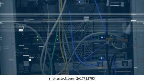 Image of glitch over servers and computer wires. network, data processing and technology concept digitally generated image.