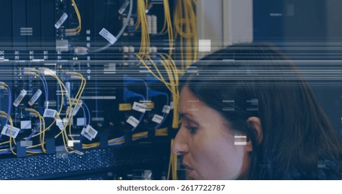 Image of glitch over servers and computer wires. network, data processing and technology concept digitally generated image.