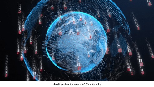 Image of glitched falling binary codes over connected dots around globe on black background. Digitally generated, hologram, illustration, globalization, machine learning and technology concept. - Powered by Shutterstock - Get 15% off with code: PIKWIZARD15