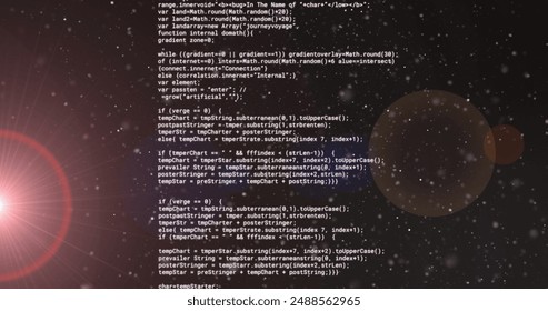 Image of glitching data processing over bokeh spotlights and white lights on dark background. Connection, data, light, energy, processing and communication, digitally generated image. - Powered by Shutterstock - Get 15% off with code: PIKWIZARD15