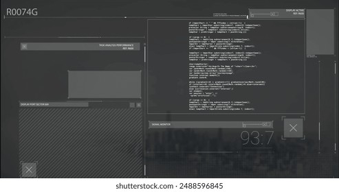 Image of glitching interfaces processing data on dark background. Connection, data, processing, digital interface and communication, digitally generated image.