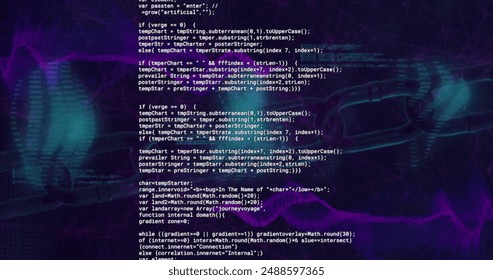 Image of glitching text data processing over blue and purple network waves on dark background. Connection, data, processing, digital interface and communication, digitally generated image.