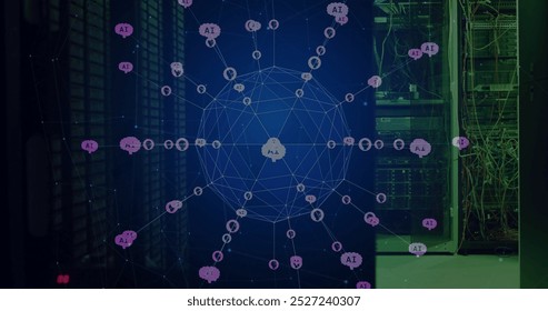 Image of global network of ai chatbot icons rotating over dark computer server room. Ai, connection, data, communication and digital interface technology, digitally generated image. - Powered by Shutterstock - Get 15% off with code: PIKWIZARD15
