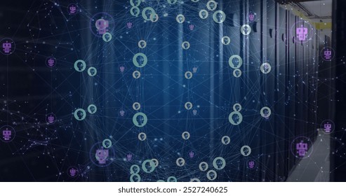 Image of global network of people and chatbot icons rotating over dark computer server room. Ai, connection, data, communication and digital interface technology, digitally generated image.