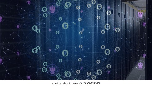 Image of global network of people and chatbot icons rotating over dark computer server room. Ai, connection, data, communication and digital interface technology, digitally generated image.