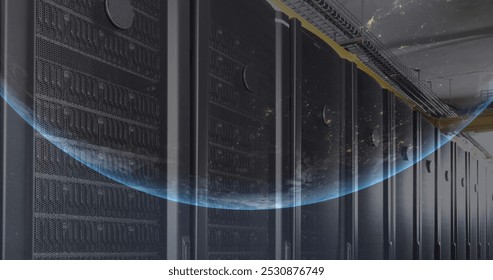 Image of a globe against computer server room. Global networking and business data storage technology concept