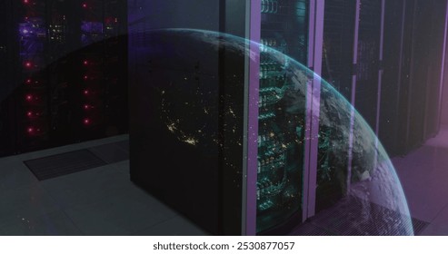 Image of a globe against computer server room. Global networking and business data storage technology concept