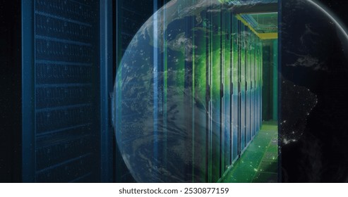 Image of a globe against computer server room. Global networking and business data storage technology concept
