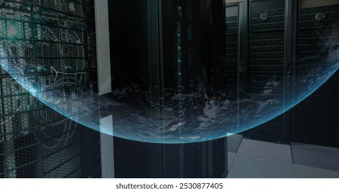 Image of a globe against computer server room. Global networking and business data storage technology concept