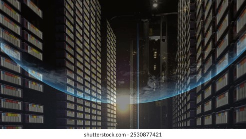 Image of a globe against computer server room. Global networking and business data storage technology concept
