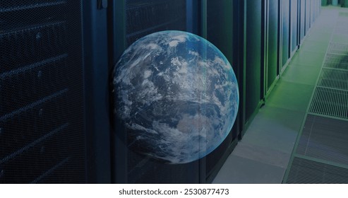 Image of a globe against computer server room. Global networking and business data storage technology concept