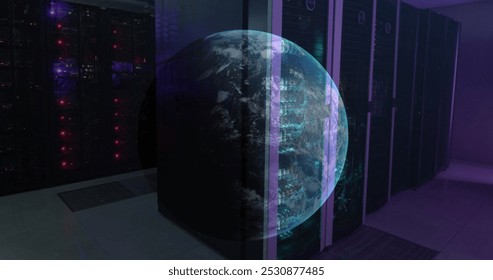 Image of a globe against computer server room. Global networking and business data storage technology concept