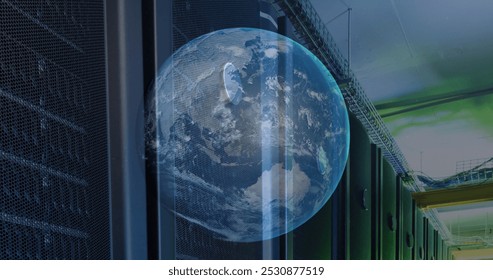 Image of a globe against computer server room. Global networking and business data storage technology concept