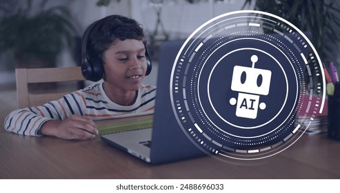 Image of globe and ai chat bot data processing over biracial boy using tablet. Global artificial intelligence, connections, computing and data processing concept digitally generated image.