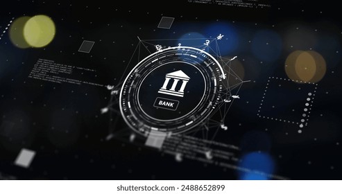 Image of globe with bank and currency icons and data processing over black background. Global business, connections, computing and data processing concept digitally generated image.