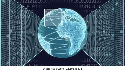 Image of globe, binary codes and computer language and data server racks over black background. Digitally generated, hologram, coding, programming, globalization, data center and technology. - Powered by Shutterstock - Get 15% off with code: PIKWIZARD15