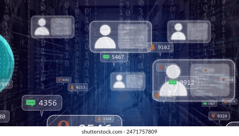 Image of globe, binary coding and data processing over computer servers. Global social media, computing and data processing concept digitally generated image.