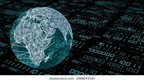 Image of globe with binary coding and data processing over dark background. Global artificial intelligence, connections, computing and data processing concept digitally generated image.