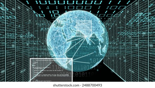 Image of globe with binary coding and data processing over dark background. Global artificial intelligence, connections, computing and data processing concept digitally generated image.