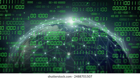 Image of globe with binary coding and data processing over dark background. Global artificial intelligence, connections, computing and data processing concept digitally generated image.