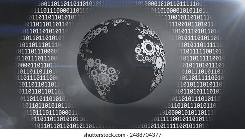 Image of globe with binary coding and data processing over dark background. Global artificial intelligence, connections, computing and data processing concept digitally generated image.