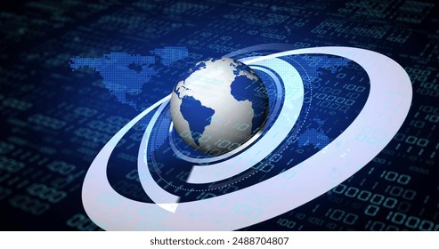Image of globe with binary coding and data processing over dark background. Global artificial intelligence, connections, computing and data processing concept digitally generated image.