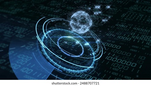 Image of globe with binary coding and data processing over dark background. Global artificial intelligence, connections, computing and data processing concept digitally generated image.