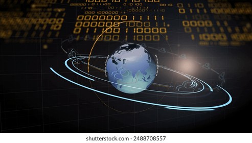 Image of globe with binary coding and data processing over dark background. Global artificial intelligence, connections, computing and data processing concept digitally generated image.