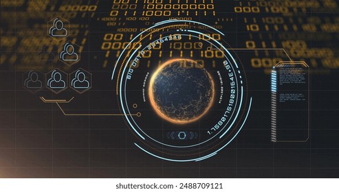 Image of globe with binary coding and data processing over dark background. Global artificial intelligence, connections, computing and data processing concept digitally generated image.