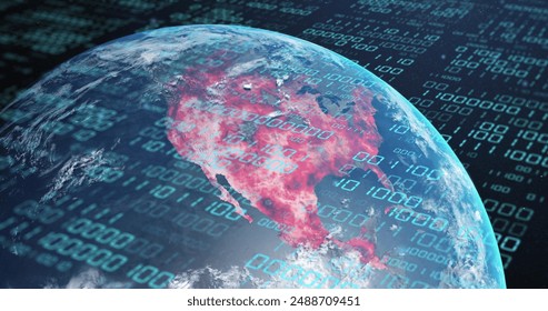 Image of globe with binary coding and data processing over dark background. Global artificial intelligence, connections, computing and data processing concept digitally generated image. - Powered by Shutterstock