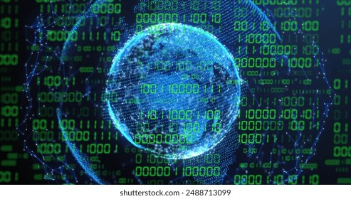 Image of globe with binary coding and data processing over dark background. Global artificial intelligence, connections, computing and data processing concept digitally generated image.