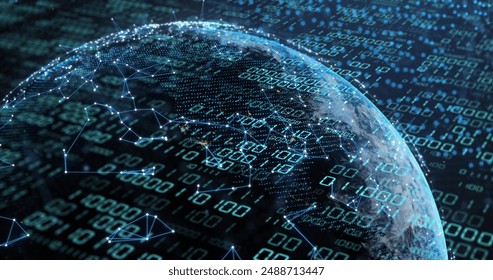 Image of globe with binary coding and data processing over dark background. Global artificial intelligence, connections, computing and data processing concept digitally generated image. - Powered by Shutterstock