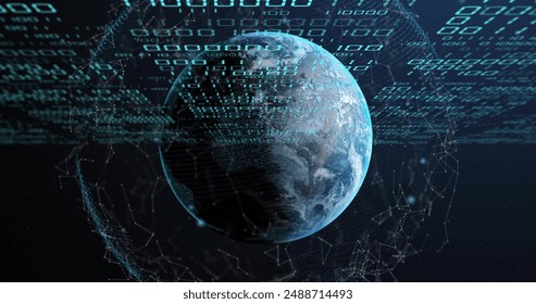 Image of globe with binary coding and data processing over dark background. Global artificial intelligence, connections, computing and data processing concept digitally generated image.