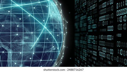 Image of globe with binary coding and data processing over dark background. Global artificial intelligence, connections, computing and data processing concept digitally generated image.