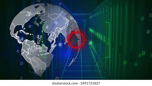 Image of globe, binary coding and data processing over computer servers. Global computing, digital interface and data processing concept digitally generated image.