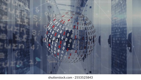 Image of globe with binary coding and data processing over computer servers. Global finance, business, connections, cloud computing and data processing concept digitally generated image.