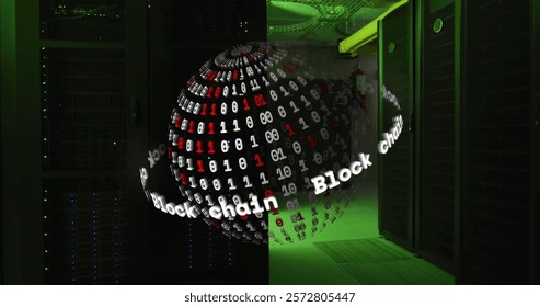 Image of globe with binary coding and digital data processing over computer servers. Global connections, computing and data processing concept digitally generated image.