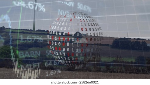 Image of globe with binary coding and digital data processing over wind turbine. Global environment, connections, computing and data processing concept digitally generated image.