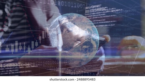 Image of globe, binary coding and financial data processing over caucasian man using smartphone. Global business, connections, networks and data processing concept digitally generated image.