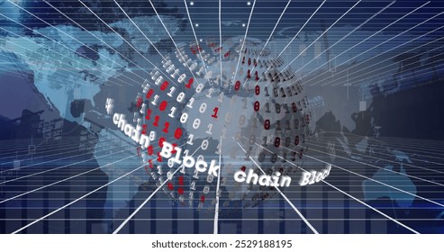 Image of globe with binary coding, network of connections and data processing. Global finance, business, connections and data processing concept digitally generated image.
