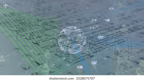 Image of globe, binary coding with networks of connections. Global connections, business, finance, computing and data processing concept digitally generated image.