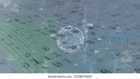 Image of globe, binary coding with networks of connections. Global connections, business, finance, computing and data processing concept digitally generated image.