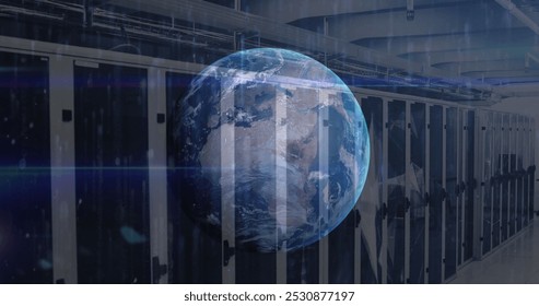 Image of globe, blue light trails and plexus networks against computer server room. Global networking and business data storage technology concept - Powered by Shutterstock