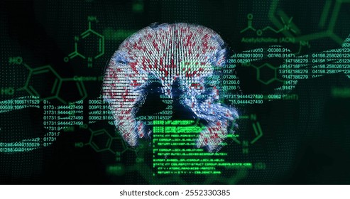 Image of globe and chain over data processing and chemical formula on black background. Global business, technology and digital interface concept, digitally generated image.