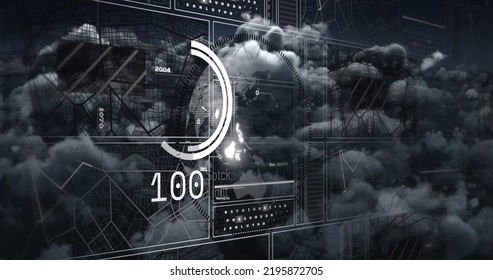 Image of globe with charts and data processing over dark cloudy sky. Global communication, research, digital interface and data concept digitally generated image.