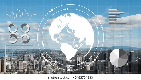 Image of globe in circles, graph, loading circles and bars, modern cityscape against cloudy sky. Digital composite, multiple exposure, globalization, progress, architecture and technology concept.